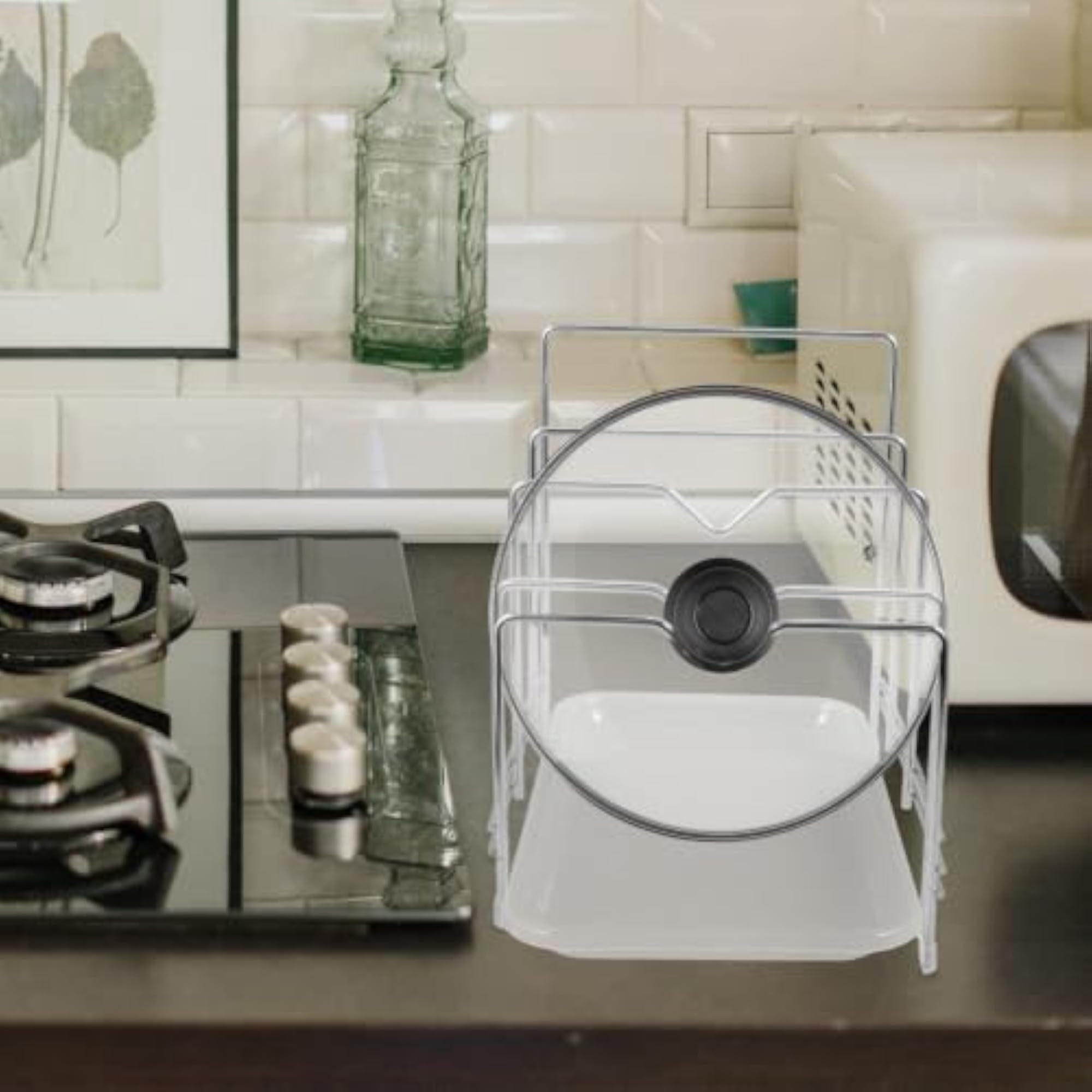 Cutting Board Holder with Tray, Three-compartment Lid Organizer